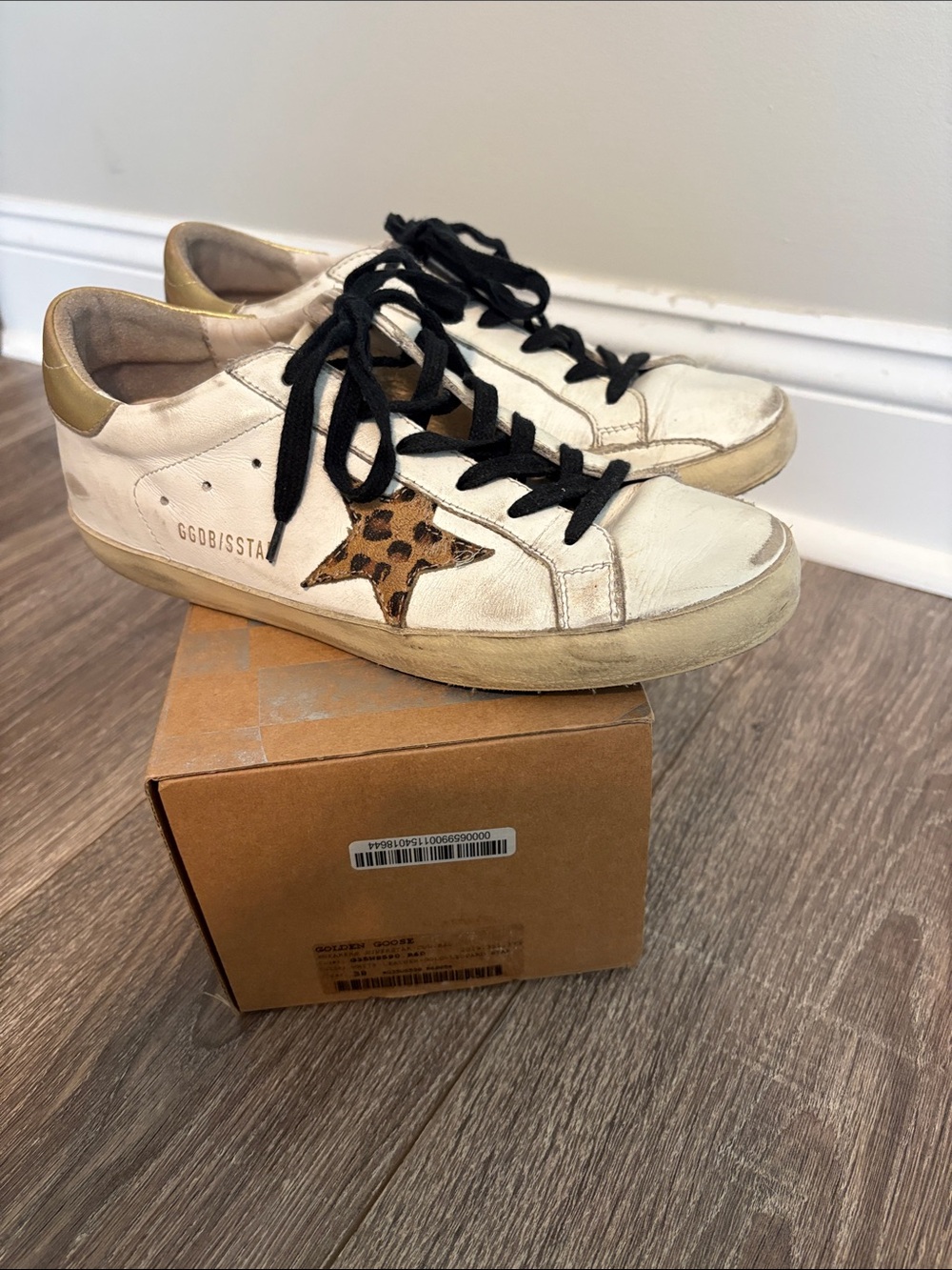 Golden Goose Superstar Sneakers with Leopard Star Accent and Black Laces size 38